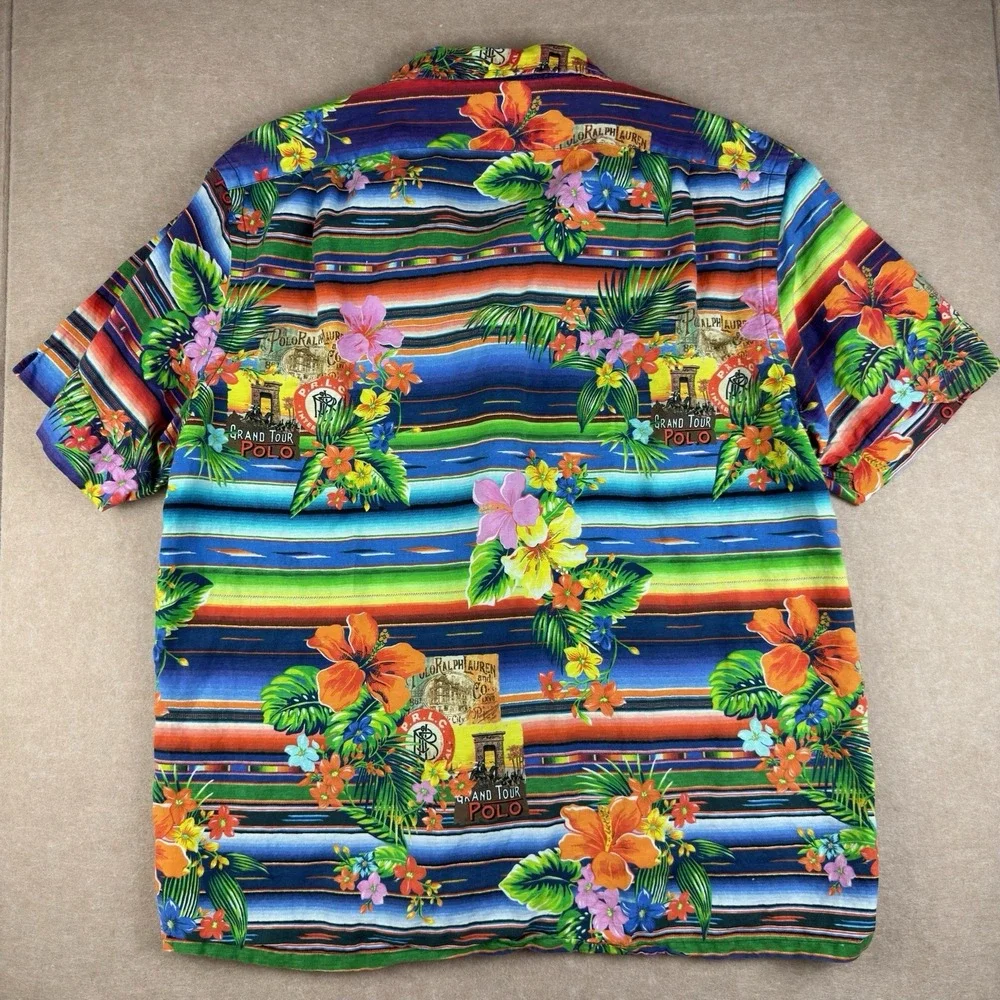 Polo Ralph Lauren Shirt Men L Hawaiian Floral‎ Stripe Grand Tour Custom Fit